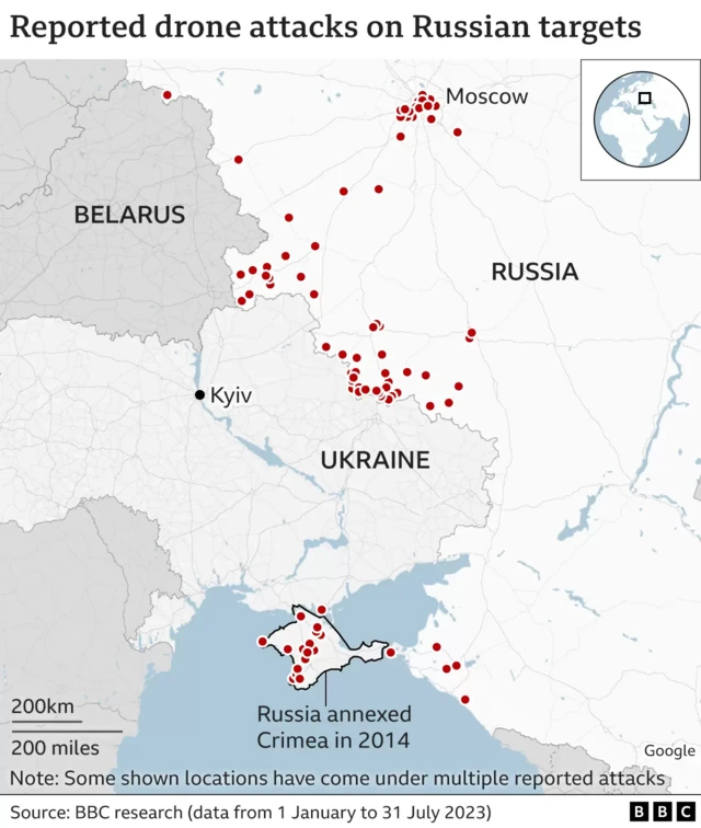 Map showing drone reported attacks on Russia