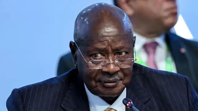 A handout photo made available by TASS Host Photo Agency shows Ugandan President Yoweri Museveni attending a plenary session during the Second Summit 'Russia-Africa' Economic and Humanitarian Forum in St.Petersburg, Russia, 28 July 2023.