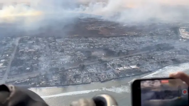 An aerial view shows damage along the coast of Lahaina in Maui, Hawaii