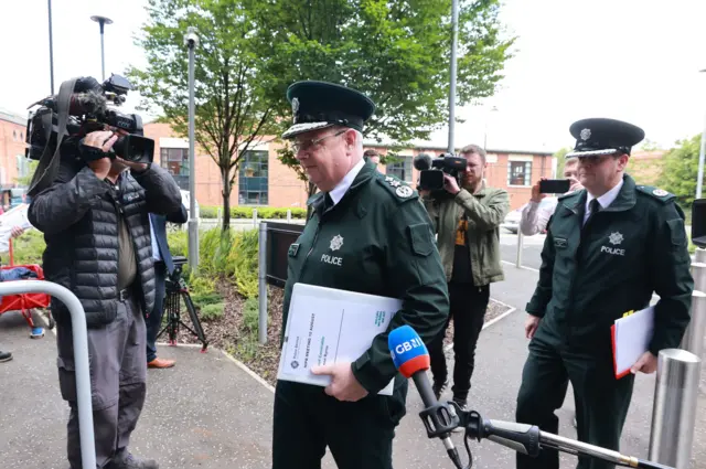 Police Service of Northern Ireland (PSNI) Chief Constable Simon Byrne arrives for an emergency meeting of the Northern Ireland Policing Board at James House in Belfast