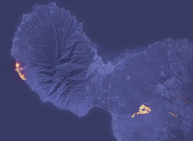 An infrared satellite image shows wildfires on the Hawaiian island of Maui