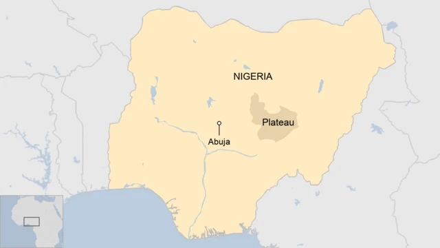 A map of Nigeria showing Plateau state and the capital city, Abuja.