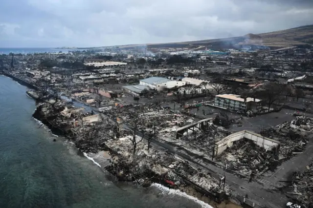 Aerial shot of Lahaina, showing burnt buildings and structures in the aftermath of the wildfires