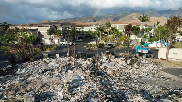 An aerial view shows the extent of the fire damage