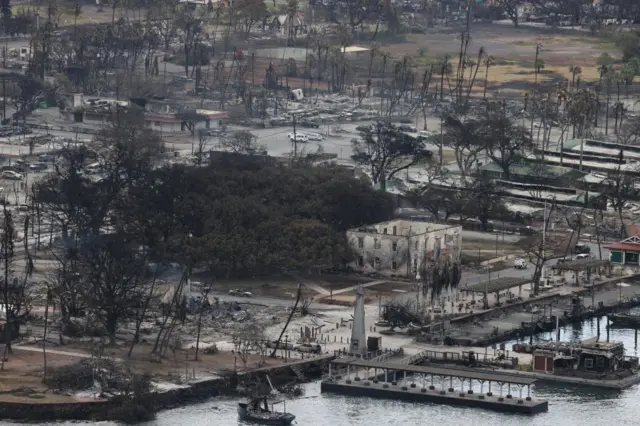 An aerial view of part of Lahaina - with burnt-out buildings, destroyed trees and a damaged dock for boats visible