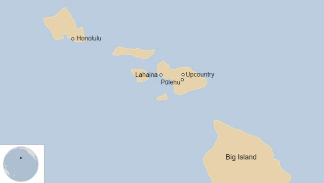 Map of the islands of Hawaii, showing the locations of many of the areas hit by Maui wildfires including Lahaina, Pulehu and Upcountry