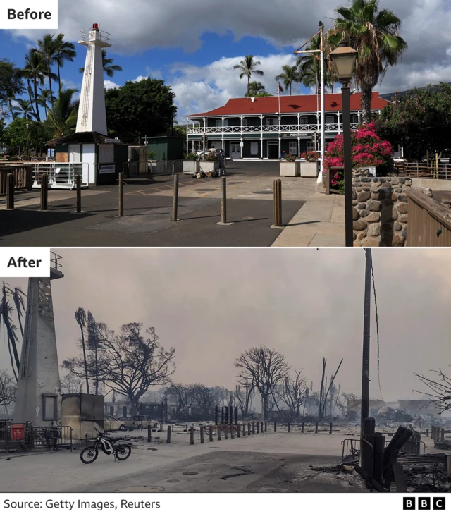 Before and after images showing the 120-year-old Pioneer Inn, near the Lahaina lighthouse, has been razed to the ground. Nothing is left of the building in the first image and smoke billows from the Ashes.