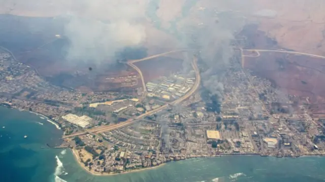 An aerial photo made available by the Hawaii Wing Civil Air Patrol shows an aerial view of damage caused by the brush fires in Maui on 9 August 2023