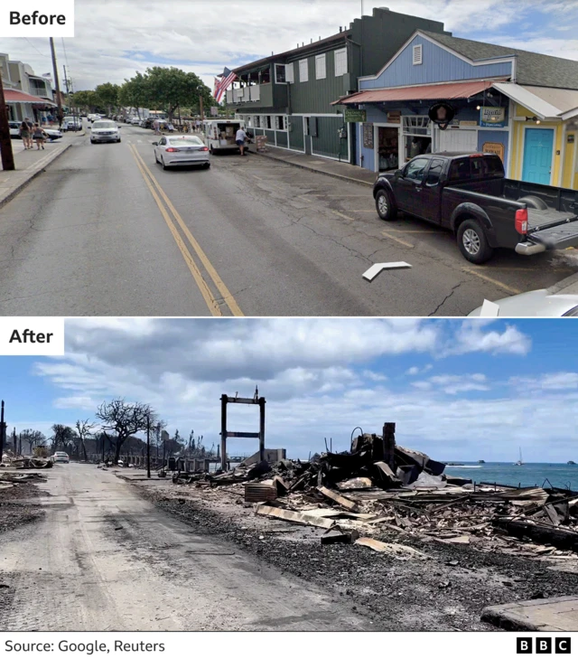 Before and after images showing homes reduced to ashes