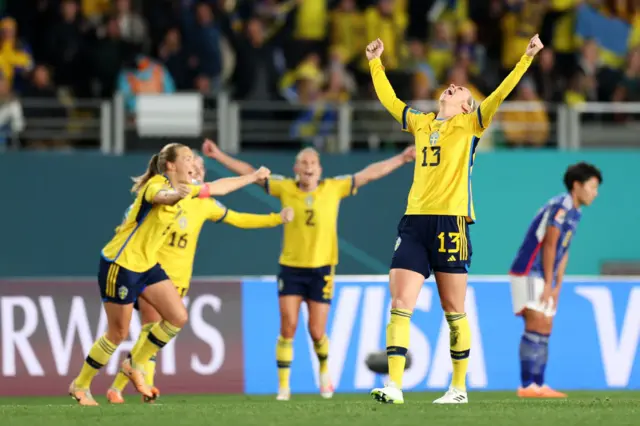 Amanda Ilestedt of Sweden celebrates her team's 2-1 victory