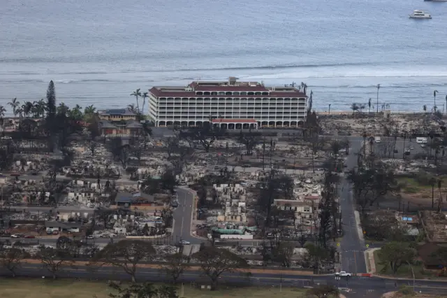 Views from the air of the community of Lahaina after wildfires driven by high winds burned across most of the town