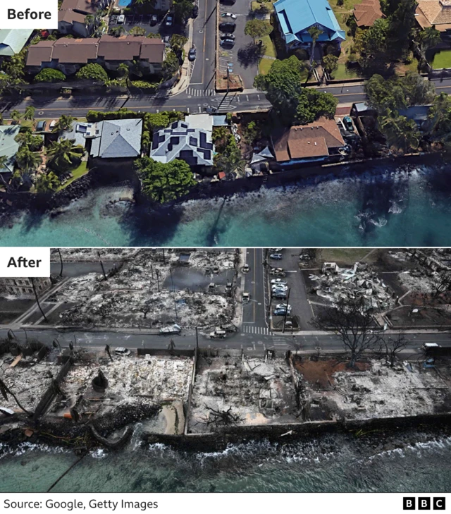 Before and after image showing the seafront has been entirely destroyed, many homes in the first picture are only ashes on the ground and rubble