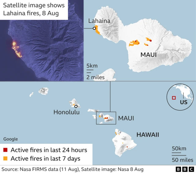 A satellite image and map show fires on the Hawaiian island of Maui, with hotspots from the last 24 hours in red and active fires from the last week in yellow