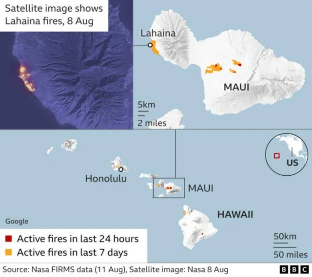 A map showing the active fires in Hawaii, focusing on Maui island