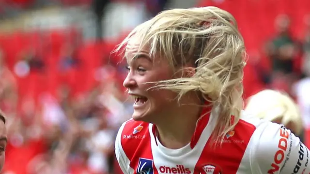 Eboni Partington celebrates scoring St Helens' third try