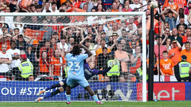 Fankaty Dabo misses a penalty during the play-off final shootout against Luton in May