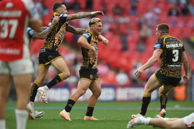 Lachlan Lam kicks the winning drop goal for Leigh Leopards in the Challenge Cup final