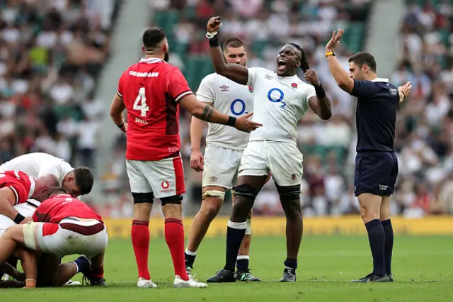 Maro Itoje celebrates the win against Wales