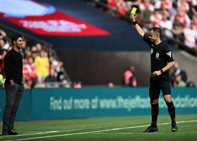 Arteta is booked in the community shield after remonstrating too effusively with the officials.