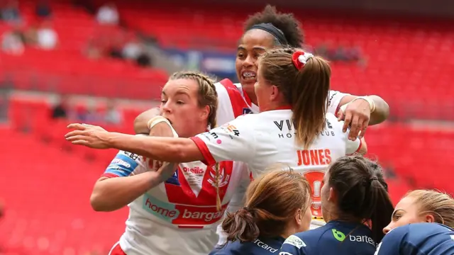 St Helens celebrate winning their third consecutive Challenge Cup