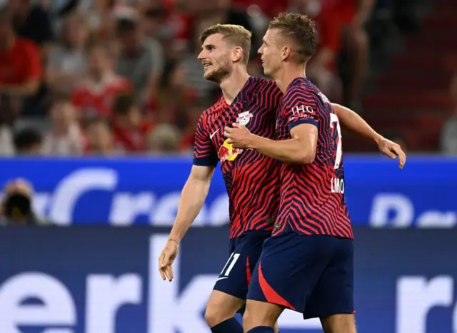 Olmo celebrates his second goal with Werner.