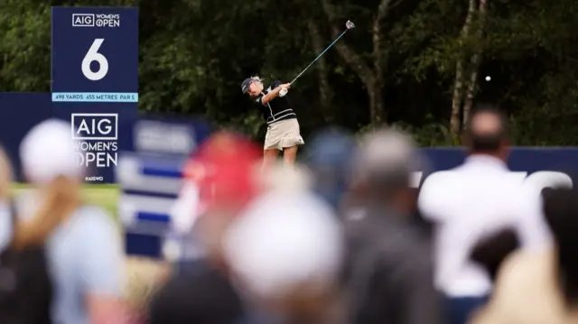 Charley Hull tees off on the sixth hole