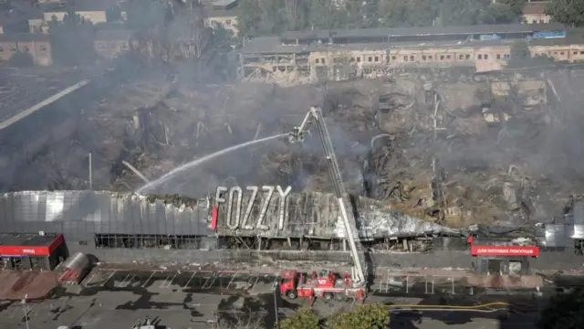 Aerial view of Ukrainian rescuers working at the scene where rocket debris fell on a supermarket