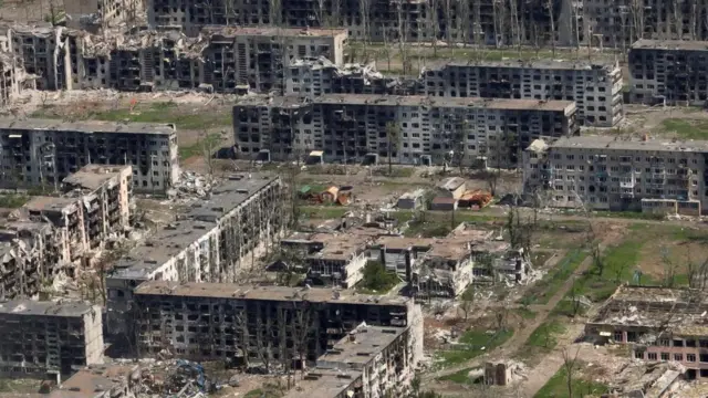 Aerial view shows destroyed buildings in Bakhmut after heavy shelling