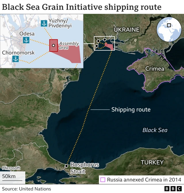 Map of previous Black Sea shipping area route from Bosphorous strait in Turkey, across the western Black Sea  to the Odesa, Chornomorsk and Yuzhnuy/Pivdennyi ports in Ukraine