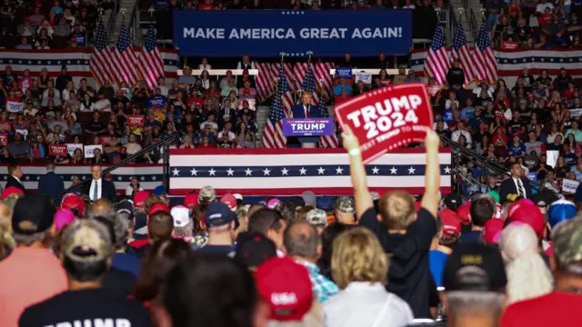 Former U.S. President and Republican presidential candidate Donald Trump speaks during a campaign rally in Erie, Pennsylvania, U.S., July 29, 2023