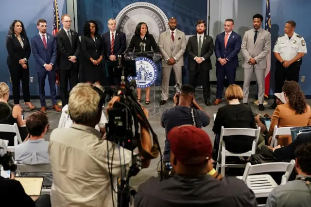 Fulton County District Attorney Fani Willis speaks to the media after a Grand Jury brought back indictments against former president Donald Trump and his allies in their attempt to illegally overturn the state's 2020 election results, in Atlanta, Georgia, U.S. August 14, 2023