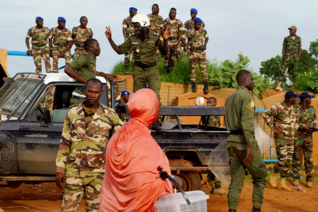 Police take security measures during the coup supporters gather for a demonstration in front of the French base in Niamey, Niger on August 11, 2023.