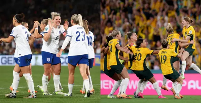 England and Australia players celebrate in their group huddles.