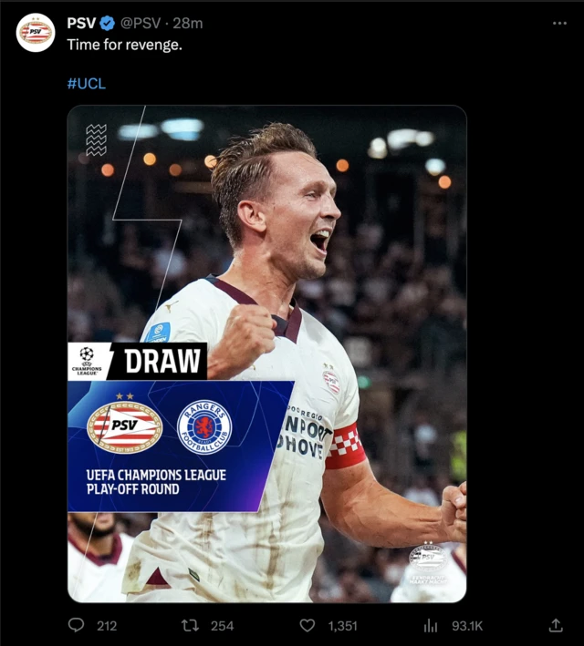 PSV Eindhoven tweet saying'time for revenge'
