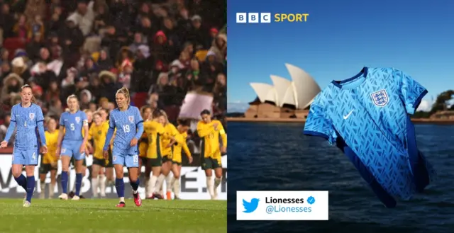 England Lionesses loss v Australia (left) England Lionesses blue kit posted on twitter (right)