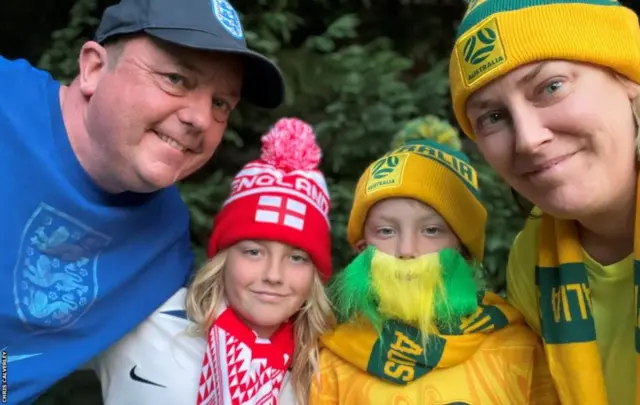 The Calverley family pose in their Australia and England replica shirts.