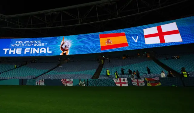 England's place in the final is shown on the stadium scoreboard.