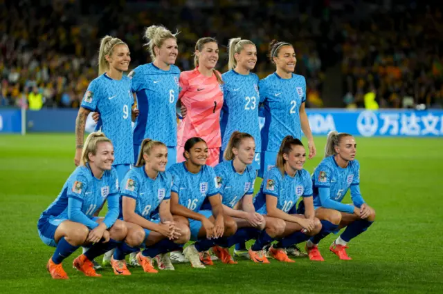 England take their official team photo before the match with the Matildas.