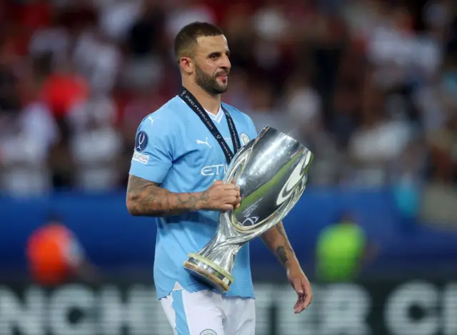 Kyle Walker holds the Uefa Super Cup