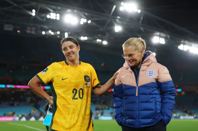 Sam Kerr chats to Sarina Wiegman at full time.