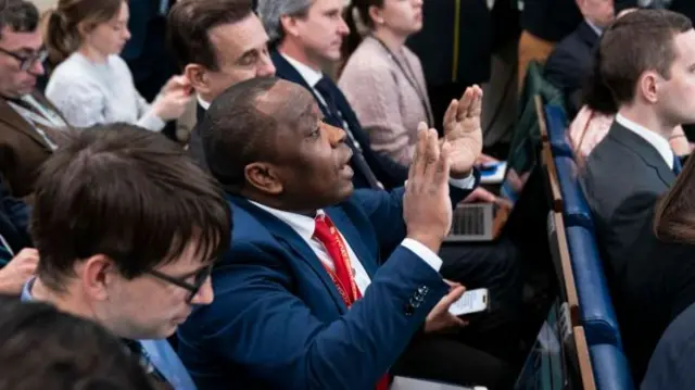 Reporter Simon Ateba disrupts the press briefing with Press Secretary Karine Jean-Pierre at the White House in Washington, D.C., on Monday March 20, 2023.