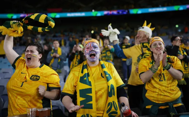 Fans stand decked in the green and gold scarves of the Matildas.