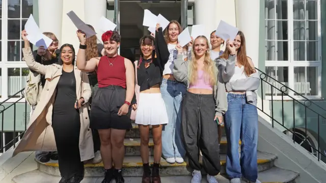 Students at Brighton Girls school in Brighton, East Sussex, receive their A-level results.