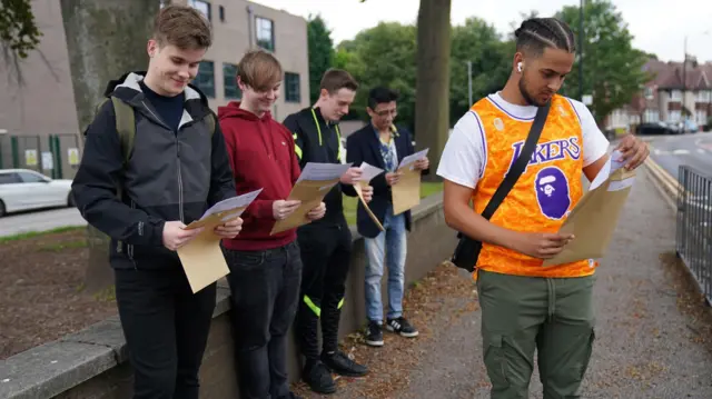 Students at Plantsbrook School in Sutton Coldfield, Birmimgham, look at their A-level results