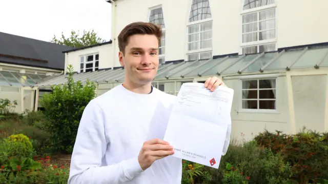 Jake Zibe receiving his A-level results at Dame Allan's Schools in Newcastle