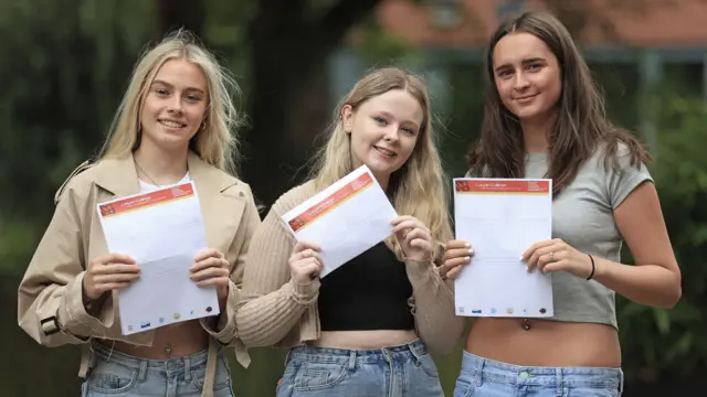 Three girls holding their A-level results