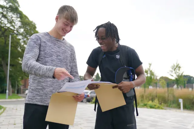 Students at Plantsbrook School in Sutton Coldfield, Birmimgham, look at their A-level results