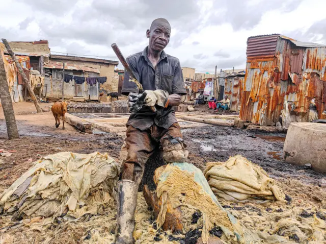 A man processing an animal hide to make leather