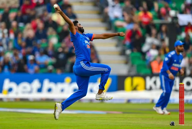 Jasprit Bumrah bowling for India against Ireland in Dublin