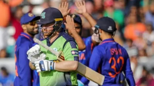 Ireland opener Paul Stirling walks off after being bowled by Ravi Bishnoi in last year's narrow win for India